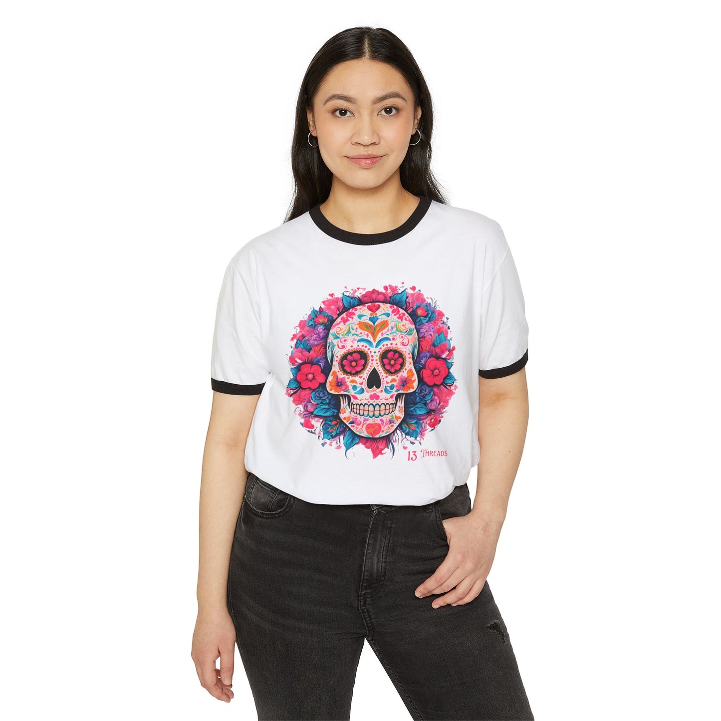 Hearts and Flowers Sugar Skull Ringer Tee