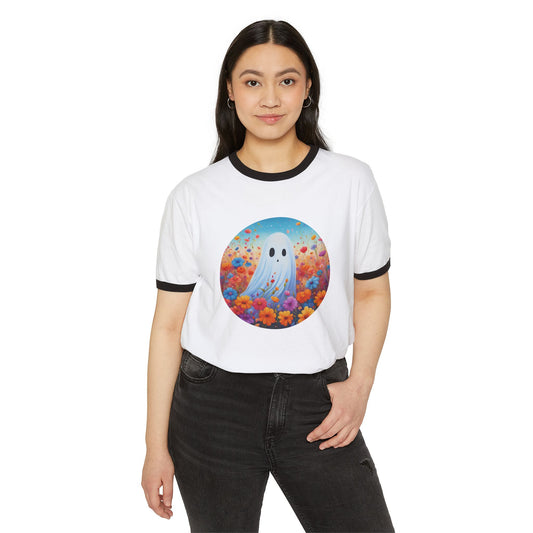 Ghost In A Field Of Flowers Ringer T-Shirt