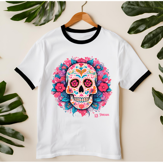 Hearts and Flowers Sugar Skull Ringer Tee