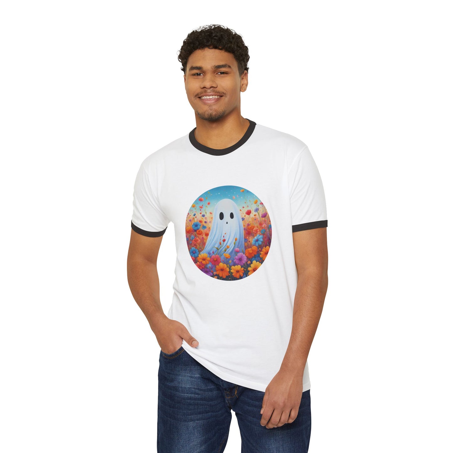 Ghost In A Field Of Flowers Ringer T-Shirt
