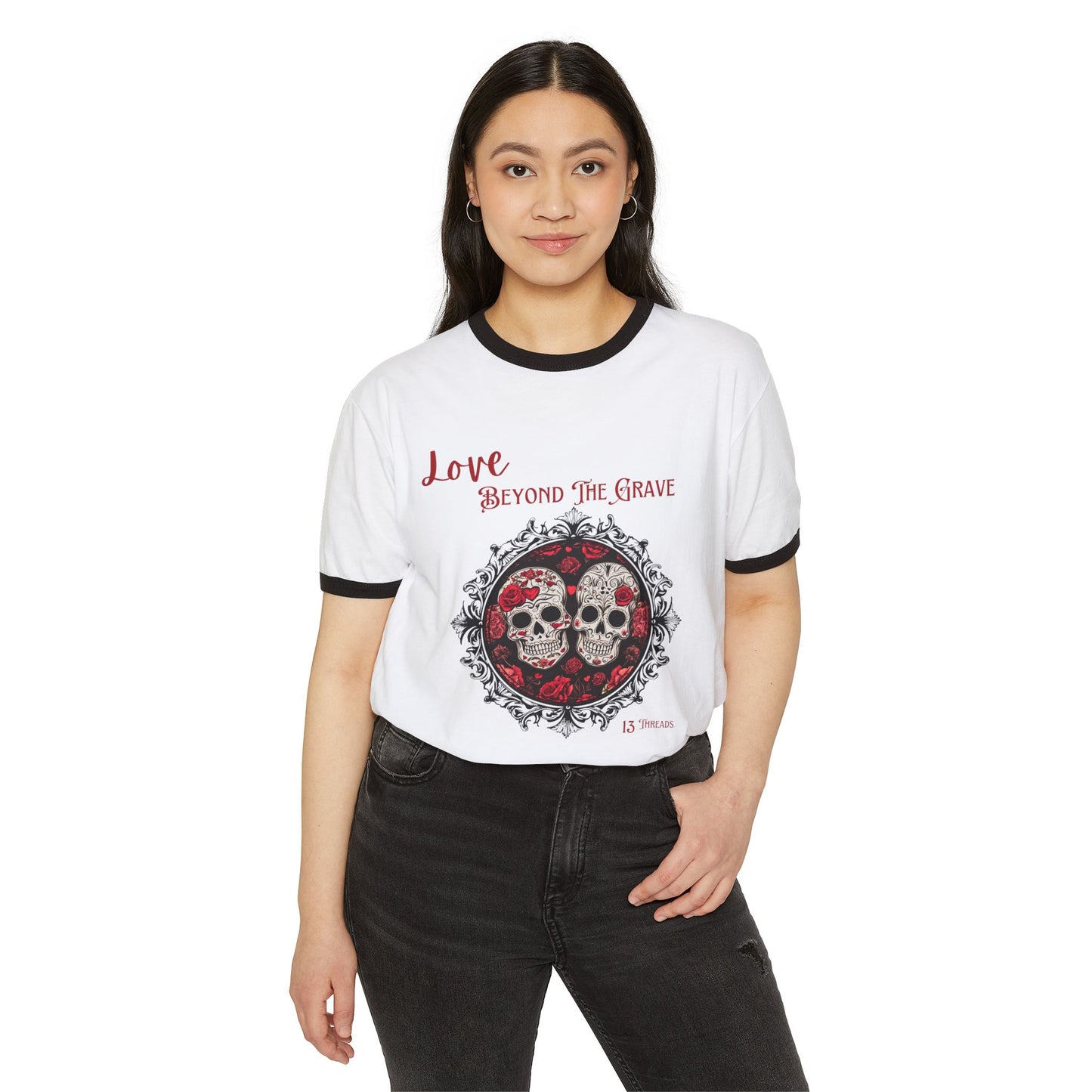 Front view of a Valentine's Day t-shirt featuring two vibrant sugar skulls in red and black.